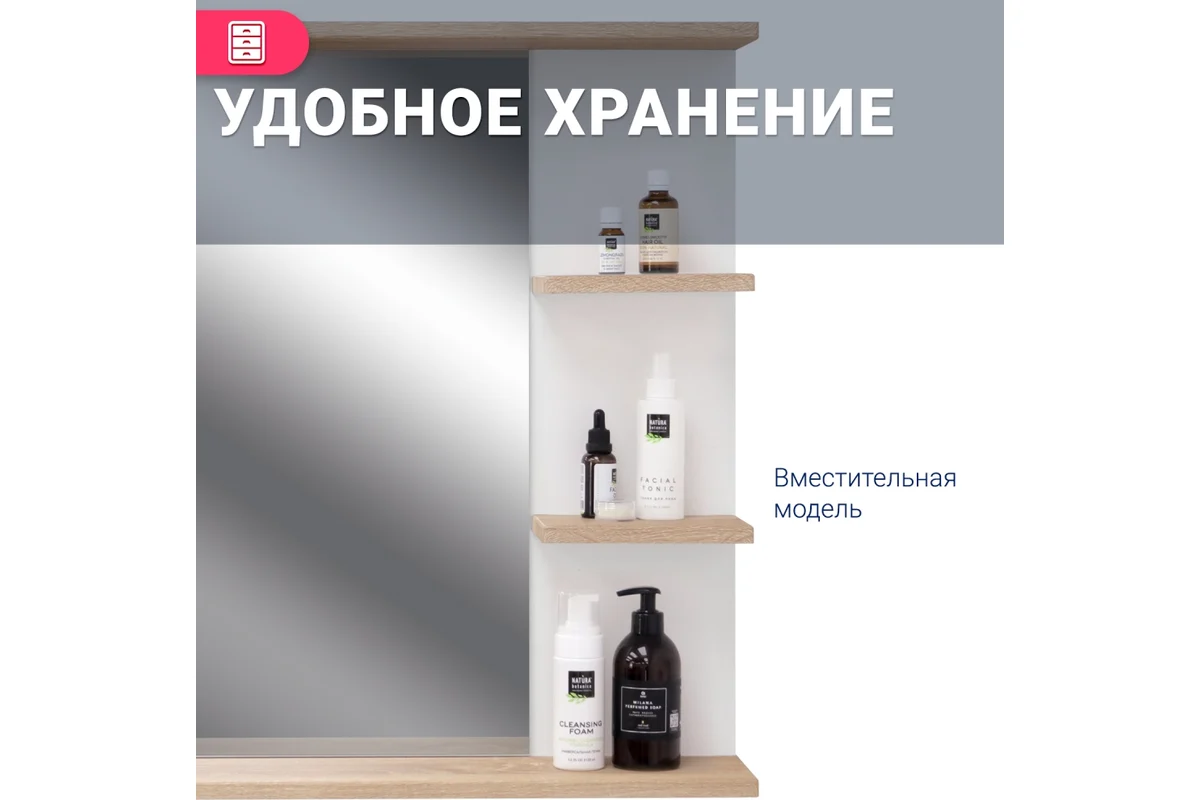 Зеркало "Гавайи 80" (Doratiz) правое, белый дуб,Солома с полками