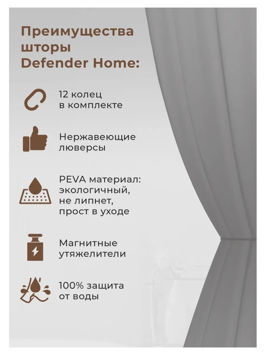 Штора для ванны Defender Home Eco-01 180х200 Серая арт.287531-287288